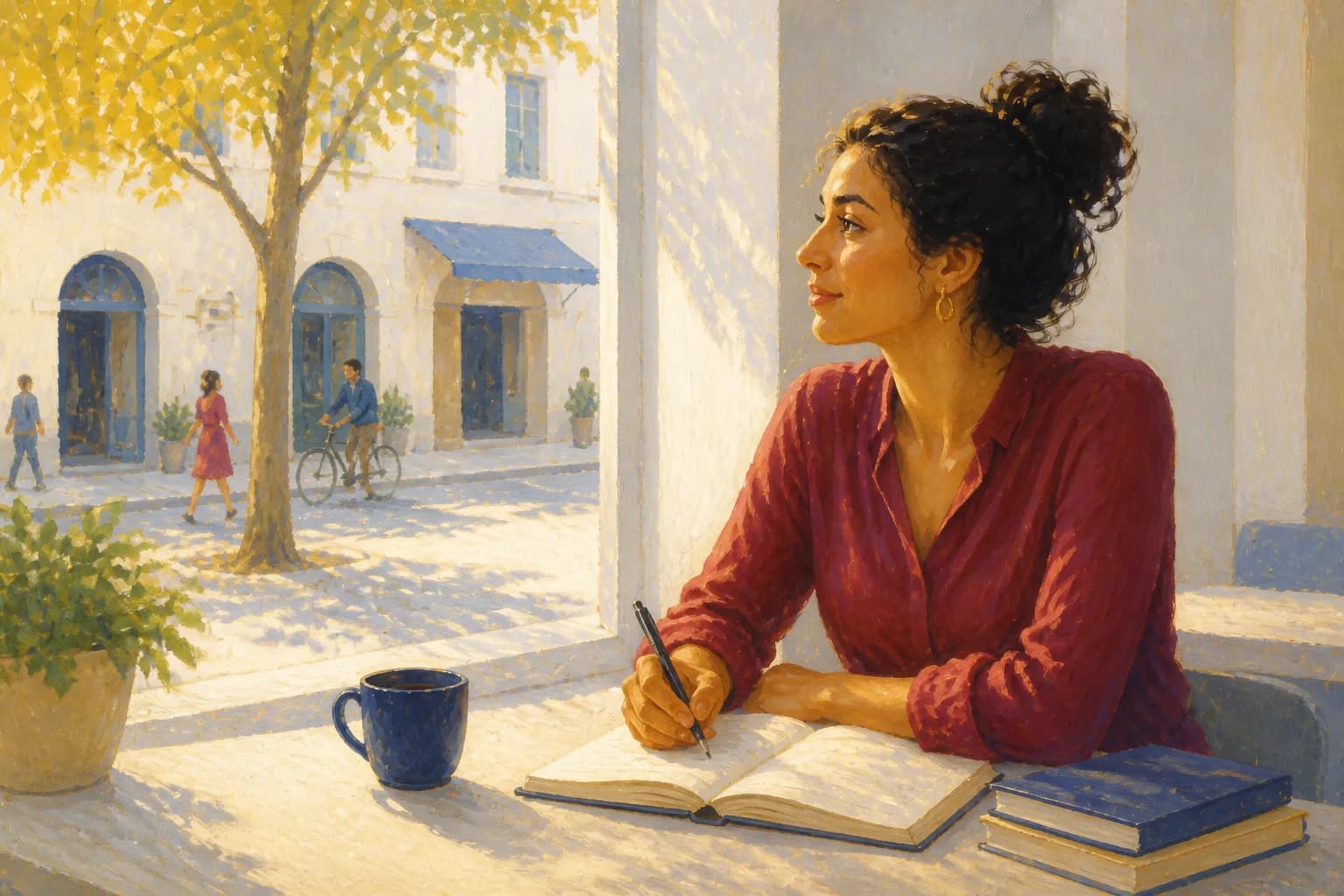 An adult learner at a café window with a notebook, fitting study into a busy day.