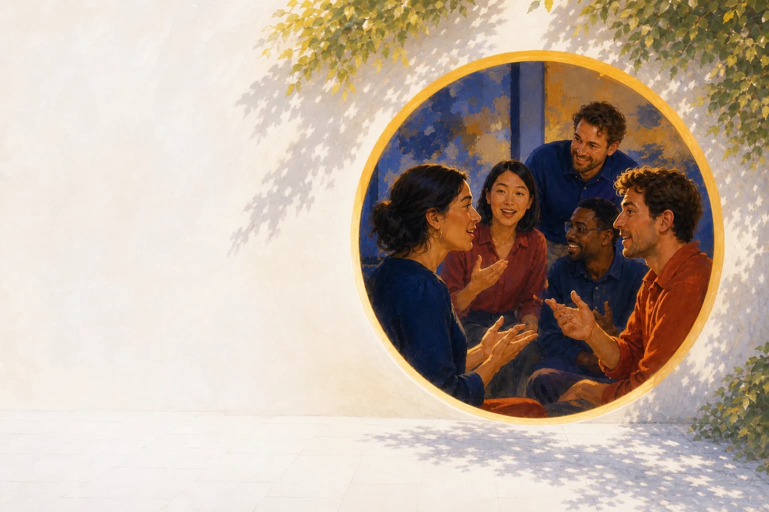 A circular join door opening onto adults mid-conversation in a live class.