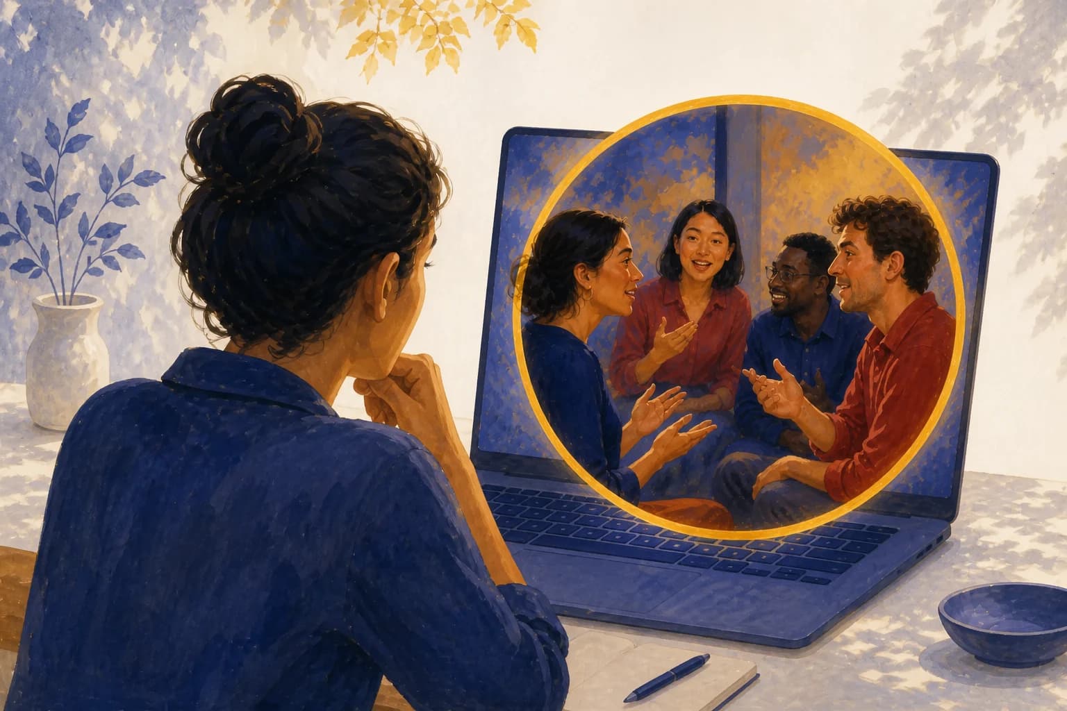 A learner at a laptop whose circular screen opens onto a live class mid-conversation.
