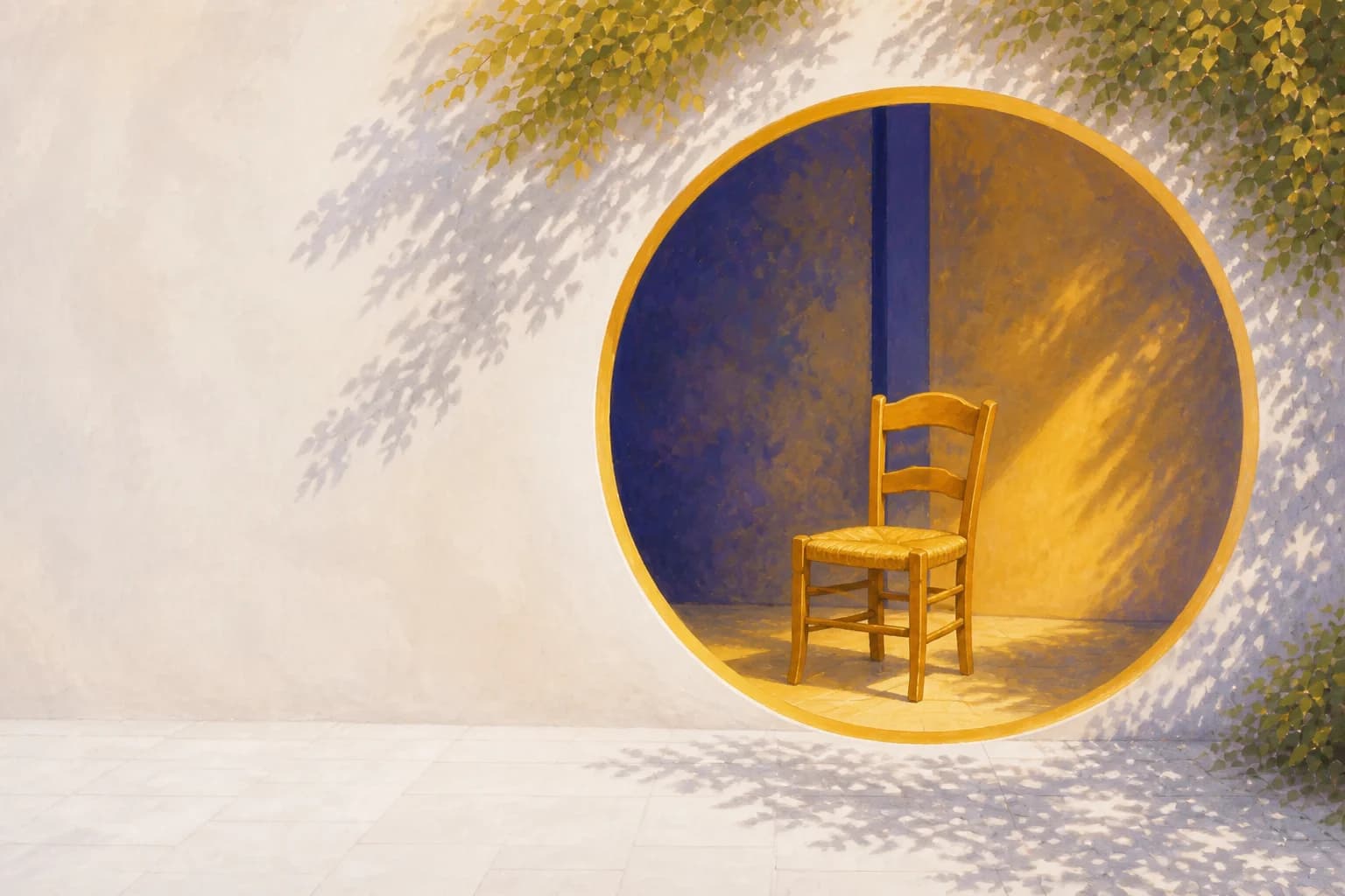 A single saffron-lit chair waiting inside a circular join door.