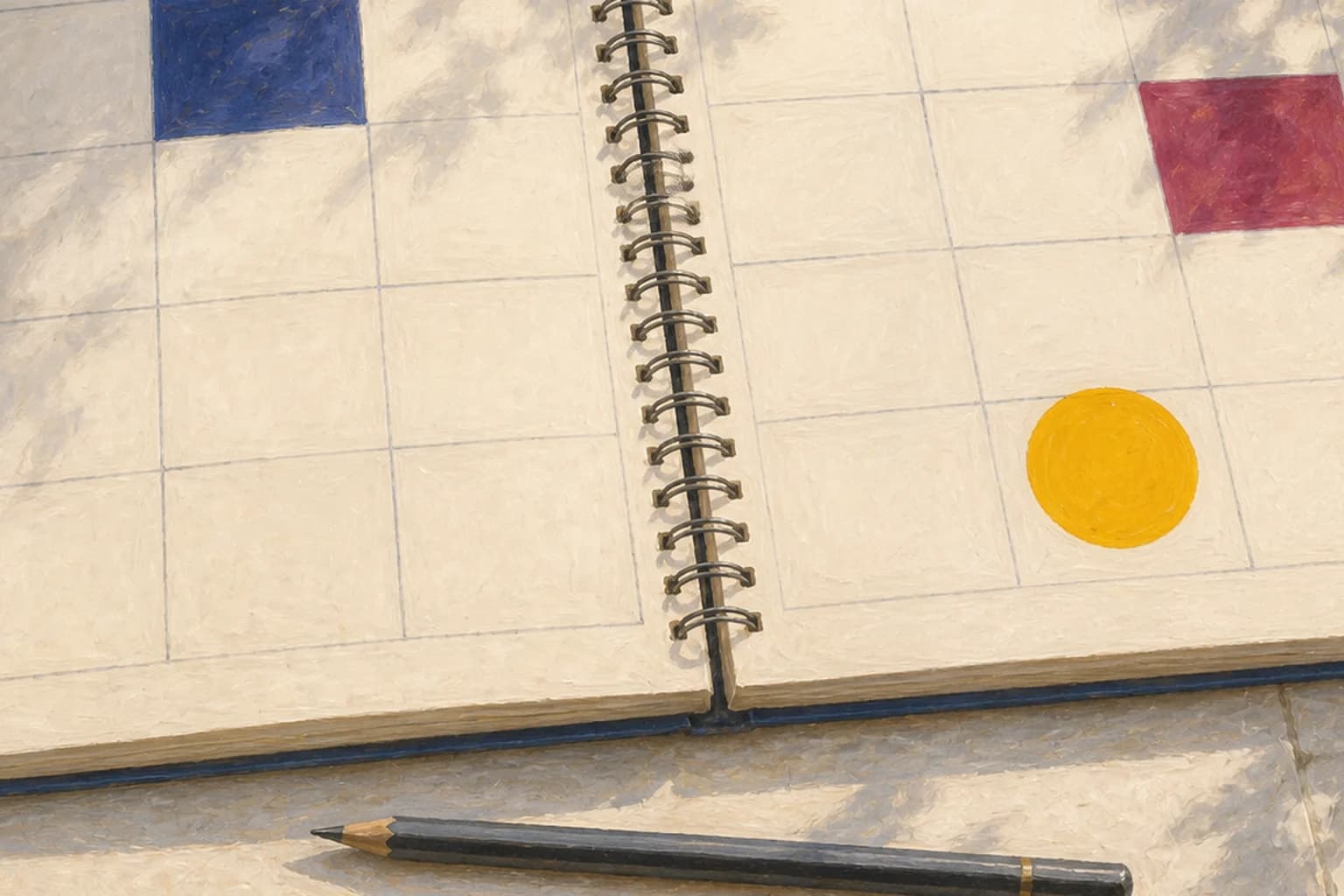 A sunlit planner on pale courtyard stone with one class marked in saffron.